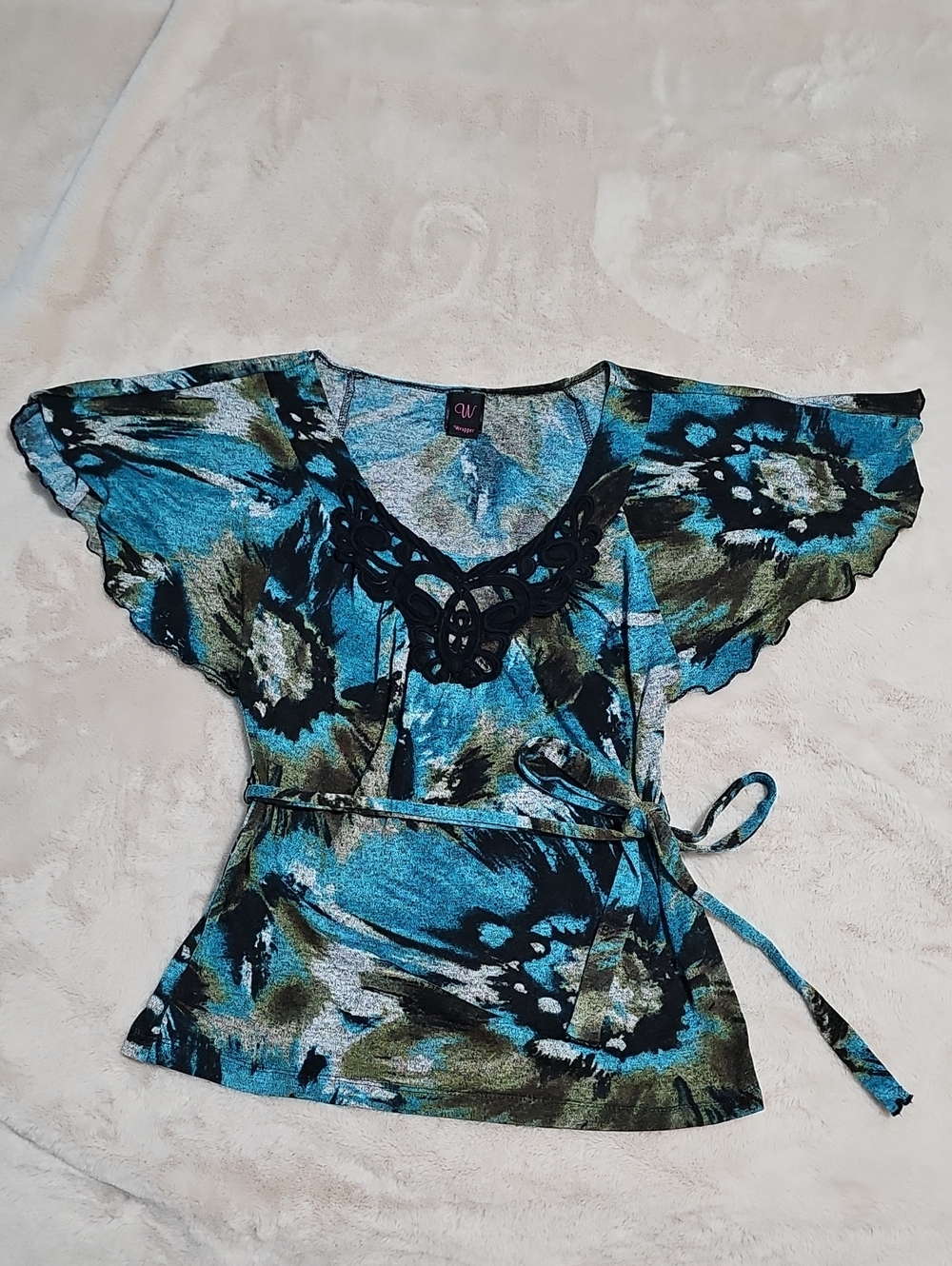 Wrapper Wavy Watercolor Tie-Waist Top - Blue & Green